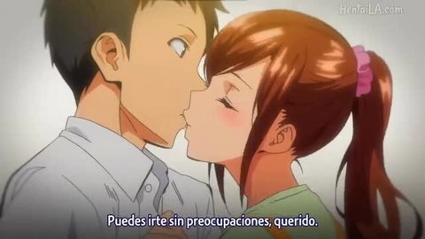 Hentai anime couple kissing passionately, girl with ponytail in school uniform