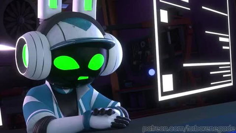Cute blue alien bunny girl with headphones in neon-lit cyber room