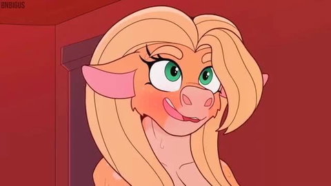 Max Love busty pig furry babe with blonde hair smirks topless