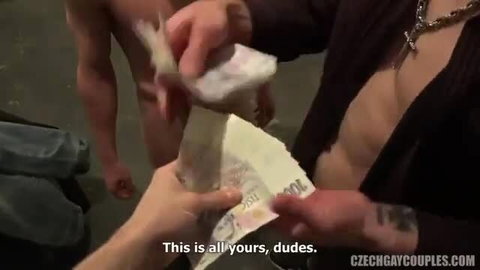 Two muscular Czech hunks hand cash bundle in gay money shot scene