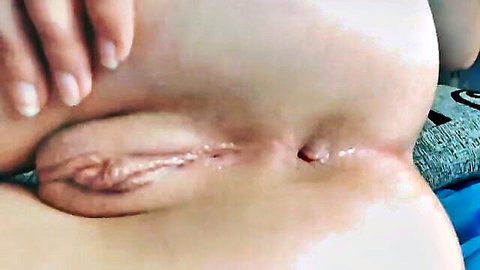 Teen girl spreading perfect shaved pussy and ass close-up