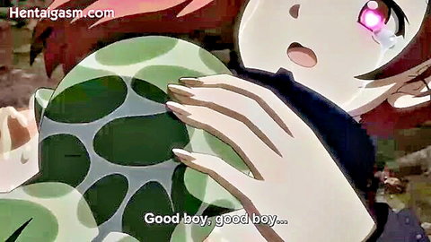Red-haired anime girl cuddles goblin in hentai scene