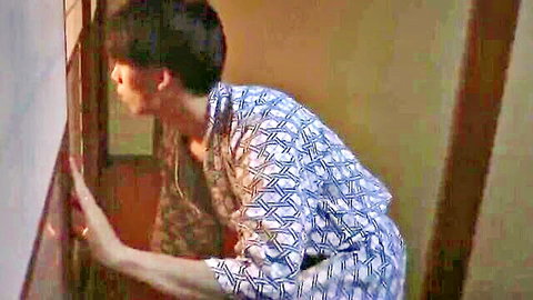 Japanese woman in patterned kimono bends over peeking back seductively teasing doggy style