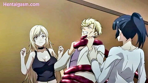 Hentai blonde girl surprised by tentacle-wrapped man and black-haired woman