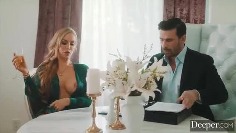 Nicole Aniston in sexy green dress at candlelit dinner with handsome man