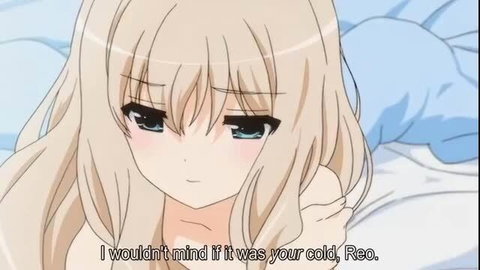 Blonde anime girl in Sono Hanabira yuri hentai offers cold to Reo, softcore tease