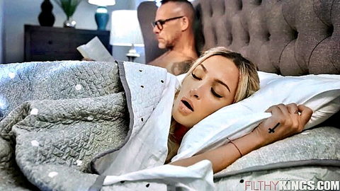 Mila Monet sleeping in bed with open mouth, stepdad watching insomnia scene