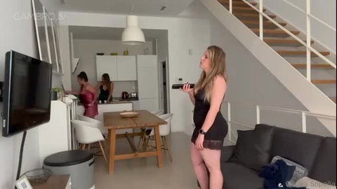 Cecilia Sopeña in tight black dress with hot blondes in kitchen