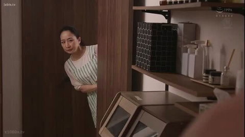 Japanese MILF in apron peeking from door, mature seduction