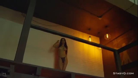Brunette babe plays with big tits, strips naked in steamy solo tease
