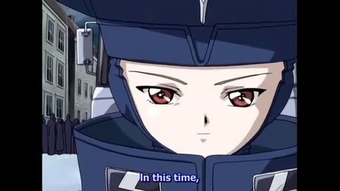 Anime girl in blue armored helmet suit closeup, red eyes, snow setting