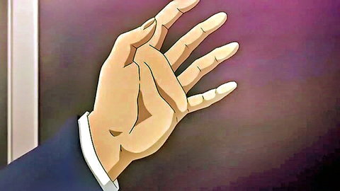 Anime hand with spread fingers gesturing in suit cuff on purple background