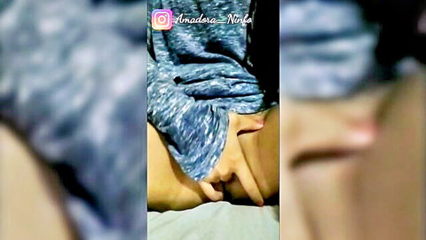 Amateur Latina teasing masturbation on bed with parents nearby, solo play