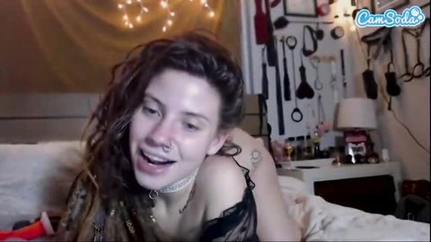 Indica Flower 1st time cam masturbation, topless smiling brunette