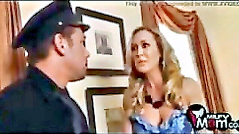 Blonde MILF Brandi Love seduces cop in low-cut blue dress