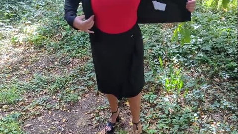MILF wife in red top and black skirt outdoors showing big natural tits