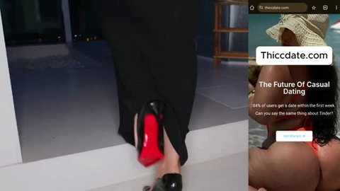 Woman in black dress and red high heels walking indoors