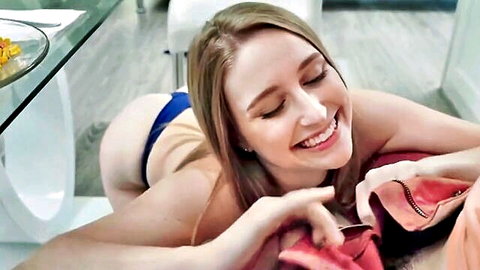 Smiling blonde in doggy pose, blue thong, ready for huge dick threesome blowjob creampie