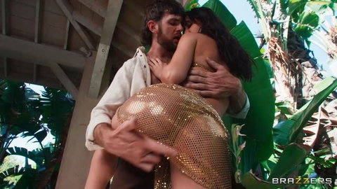 Alina Lopez in gold mesh dress riding Girthmasterr outdoors Brazzers