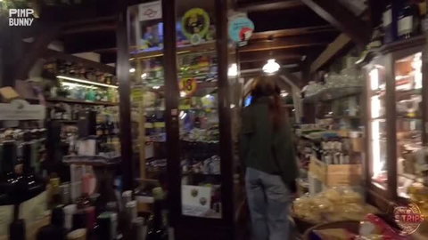 Redhead teen Amberzinha walking away in store, casual outfit