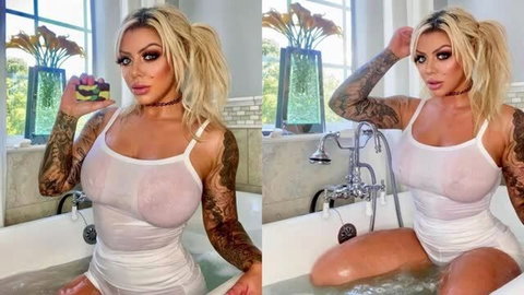 Lindsay Lee curvy blonde in wet sheer white bodysuit in bathtub