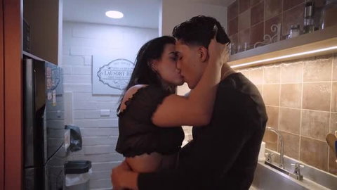 Curvy stepmom in sheer black lingerie passionately kisses Tommy Verga in kitchen