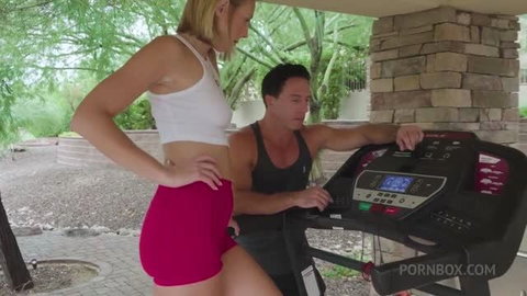Lovelylo316 in pink shorts and white top on treadmill with male trainer
