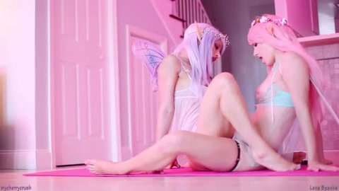 Cherry Crush and friend as lesbian fairies in pink lingerie