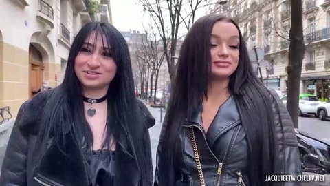 Didi Zerati & Daphne Klyde in black leather jackets on Paris street