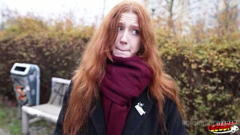 Redhead teen Alice Seduce in outdoor casting with small tits and long ginger hair