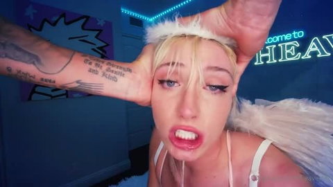 Daisy Rae blonde angel costume cum facial blowjob closeup