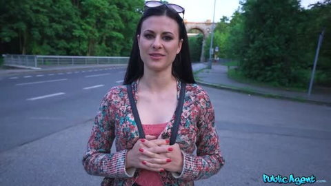 Billie Star in floral top outdoors for Public Agent pickup scene