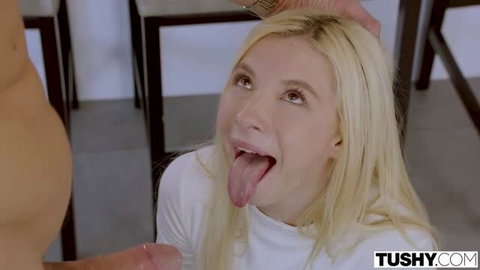 Kenzie Reeves blonde teen taking facial cumshot with tongue out