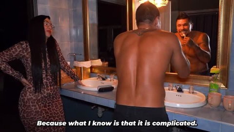 Sarah Black in leopard dress watches muscular Bruce Wang shave shirtless