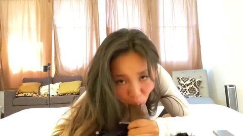 Asian woman giving oral to BBC, deepthroat on knees