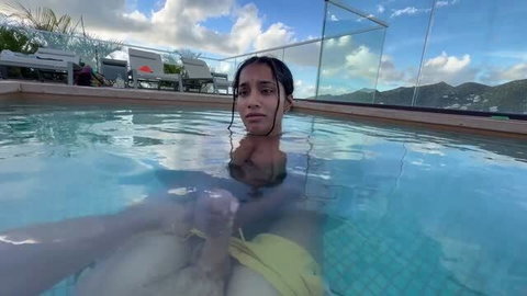 Yasmina Khan giving blowjob in hotel pool, busty Indian pornstar