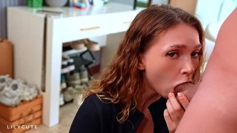 Lily Cute gives blowjob in anal creampie roleplay delivery scene