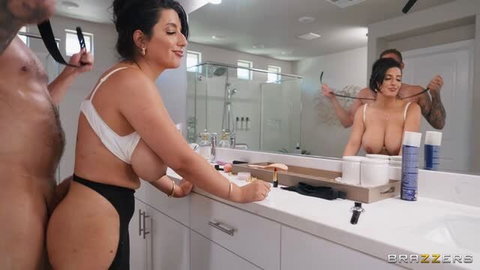 Kinky Couple anal quickie with busty brunette in bathroom