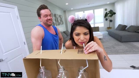 Hazel Heart taste test with bunny ears and straws from bottles in Tiny4K scene