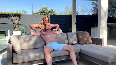 Savvy Suxx gives Johnny Sins backyard blowjob massage outdoors