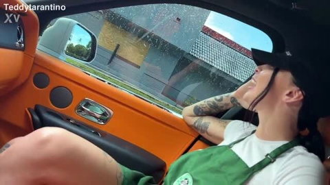Tattooed barista Indica Marie in Starbucks apron giving head in car