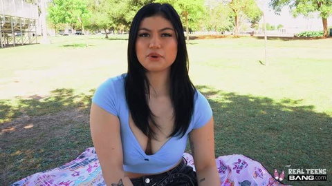 Raven Ryder in blue top outdoors for Bang Originals car sex scene