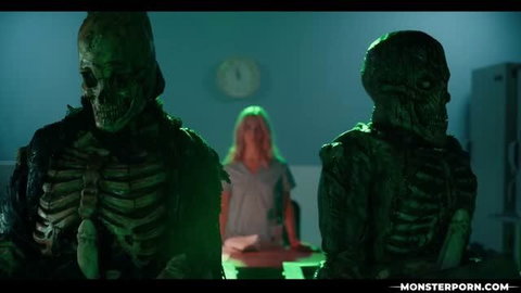 Emma Rosie and Charlotte Sins in hardcore scene with skeleton monsters