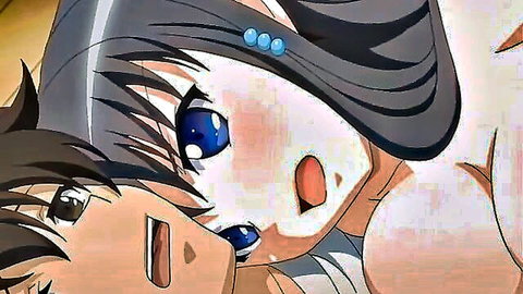 Anime couple in excited close-up embrace, black-haired girl with blue eyes