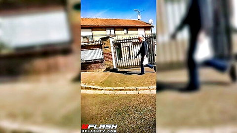 Man in pantyhose flashes cock outside granny's gated house