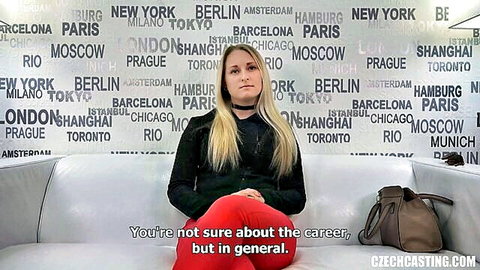 Blonde amateur girl in casting interview, unsure about adult career