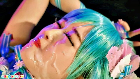 Teal-haired Asian cosplay girl with closed eyes covered in thick dripping facial cumshot