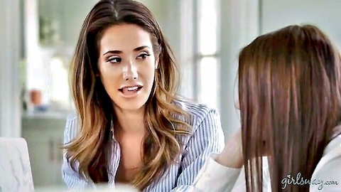 Eva Lovia and Scarlett Sage in intimate lesbian chat, brunettes in blouses