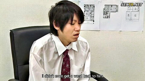 Distressed Japanese man in white shirt and red tie, crying in office from JAV cuckold drama