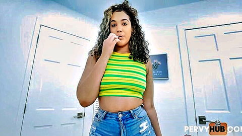 Curvy mixed ebony babe with huge tits in tight striped tube top and ripped denim shorts teasing seductively